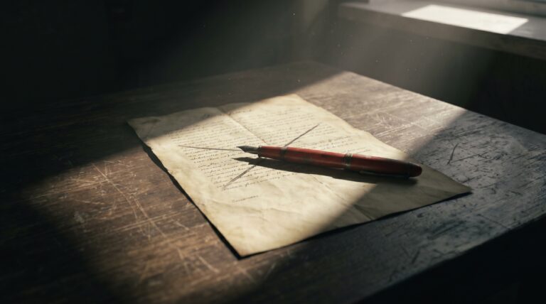 A document on a dark desk with a red pen across it under a shaft of light