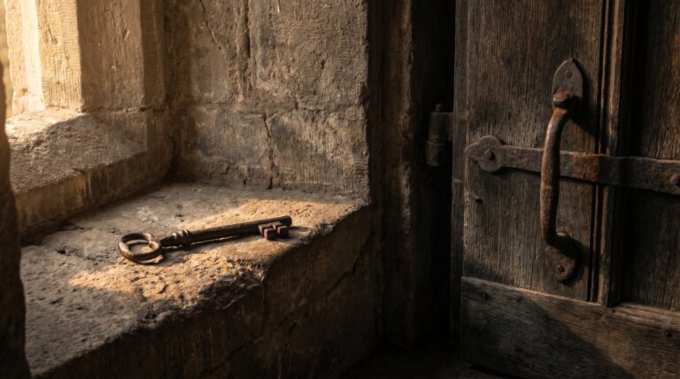 An iron key on a stone ledge beside a closed official door