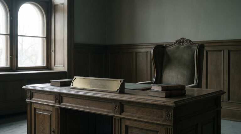 An empty ornate chair behind a desk with an empty nameplate holder