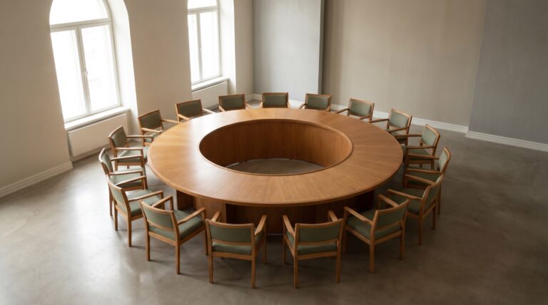 An empty circular conference table with evenly spaced chairs in a meeting room
