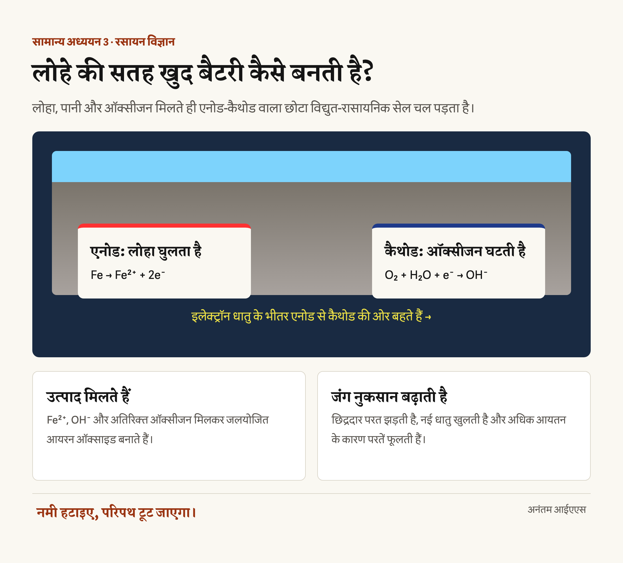 लोहे की सतह पर बने विद्युत-रासायनिक सेल का हिंदी चित्र, जिसमें एनोड पर Fe²⁺ बनना, धातु में इलेक्ट्रॉन का बहना, कैथोड पर ऑक्सीजन का अपचयन और जंग बनना दिखाया गया है