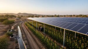 Maize growing beneath elevated solar panels on an agrivoltaic farm
