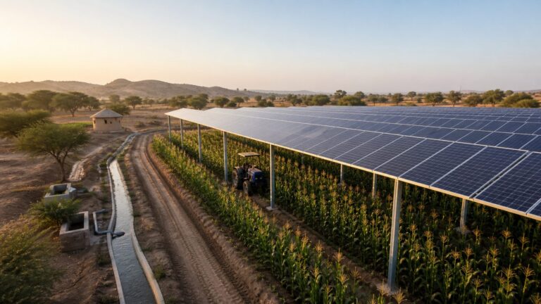Maize growing beneath elevated solar panels on an agrivoltaic farm