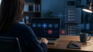 Consumer reviewing an AI agent task flow with permission checkpoints and a blocked unauthorized action
