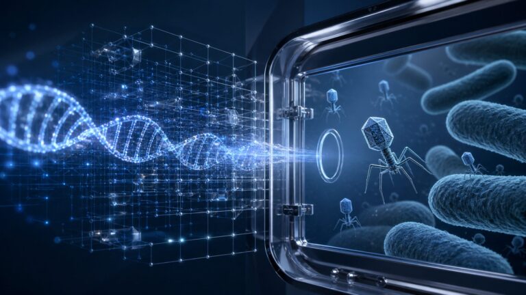 Abstract DNA sequence and bacteriophages shown across a digital-to-laboratory biosecurity boundary