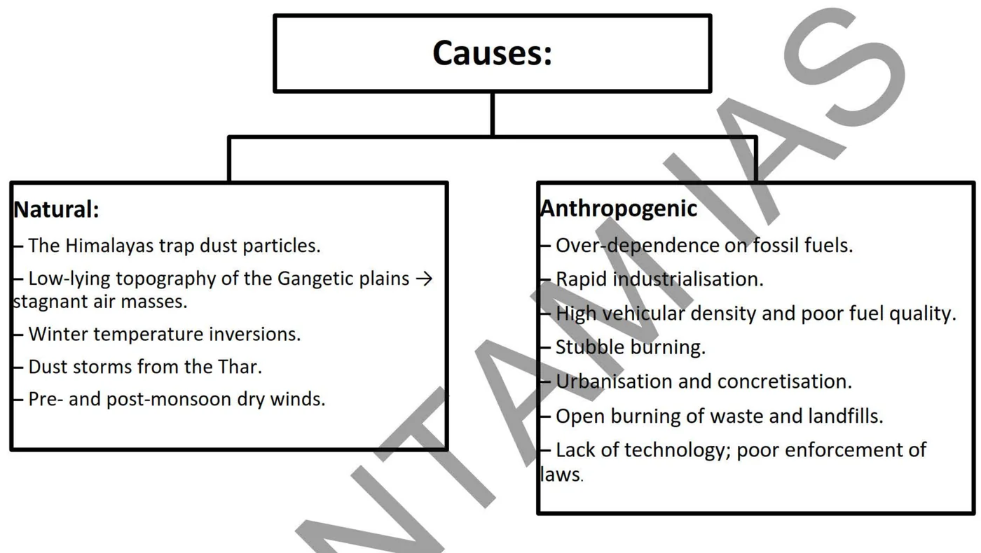 Air pollution: natural and anthropogenic causes — diagram from the Anantam IAS Mains QIP Environment & Disaster Management 1 handout
