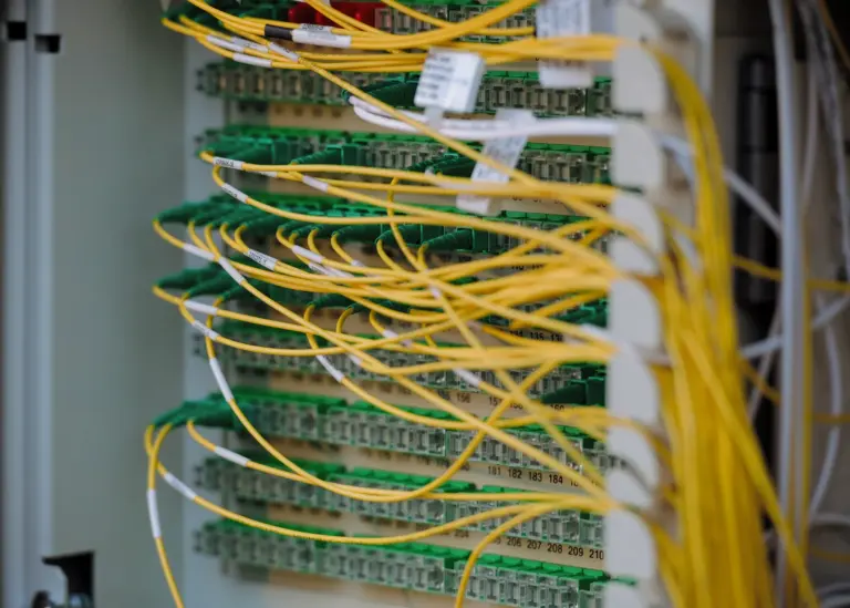 Rows of racks in a data centre aisle
