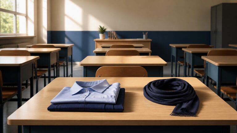 An empty classroom desk with a folded school uniform and a headscarf placed beside it