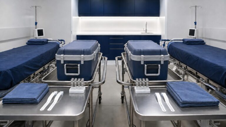 Empty transplant coordination room with two paired preparation bays and cross-arranged sealed organ transport containers