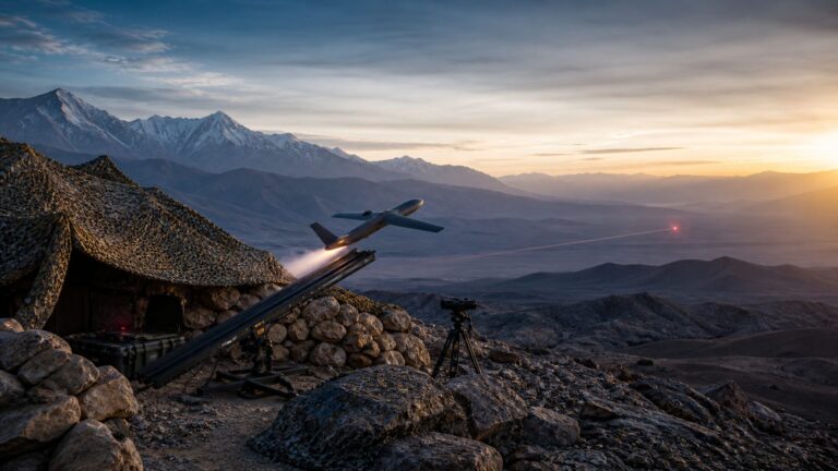 A loitering munition launching from a ground rail near an artillery observation position