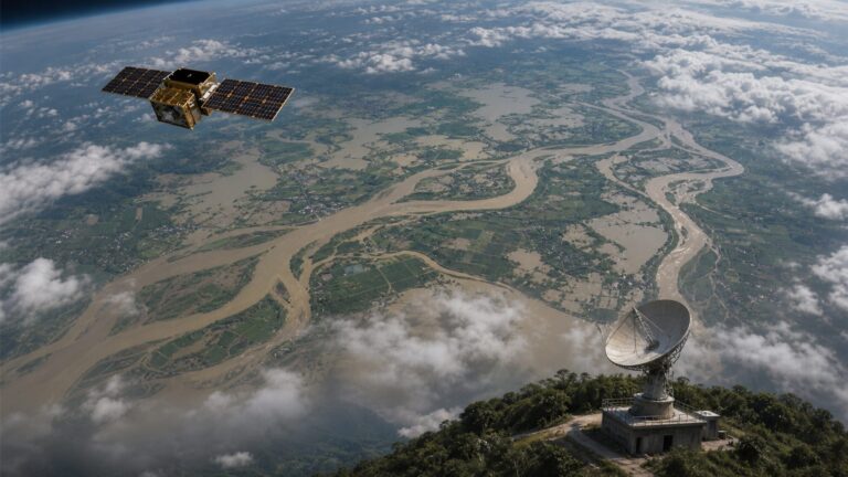 Earth-observation satellite monitoring a braided river floodplain and farmland