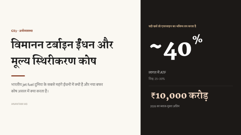 भारतीय airlines की लागत में ATF का करीब 40 प्रतिशत हिस्सा और ₹10,000 करोड़ के मूल्य स्थिरीकरण कोष को दिखाने वाला हिंदी featured graphic।