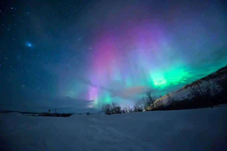Green aurora curtains over a dark northern horizon