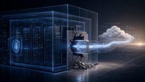 Abstract cyber range showing an AI data path escaping through a vulnerable package proxy
