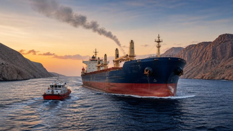 Cargo vessel crossing the Bab el-Mandeb chokepoint amid heightened maritime security risk
