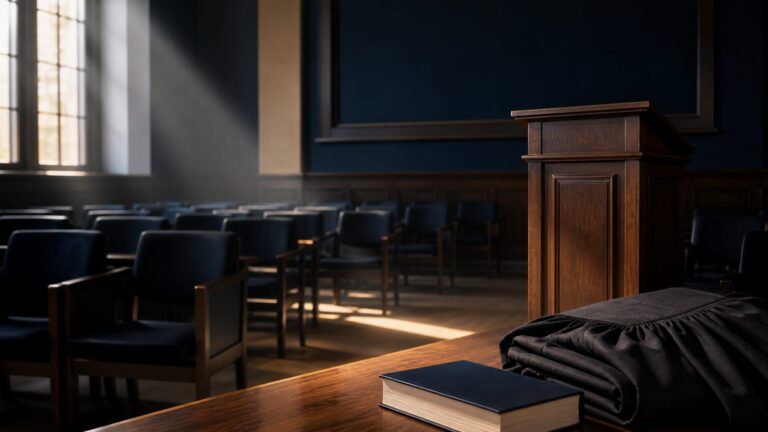Empty law university lecture hall with an advocate's gown and law book symbolising dissent and entry into the legal profession