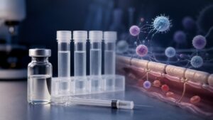 Laboratory concept showing BCG vaccination, immune cells, and cerebrospinal fluid research related to Alzheimer's biomarkers