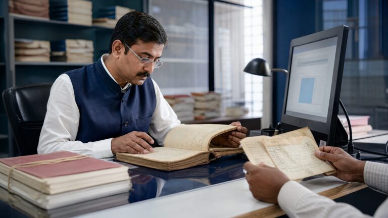 Registrar reviewing supporting records for a delayed birth or death registration application