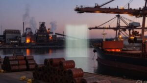 Steel coils on a dusk harbour dock with a freighter loading metal and a faint translucent barrier across the channel