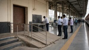 Railway platform being inspected for gaps in water, seating and accessible passenger facilities