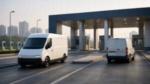 Cleaner and conventional light goods vehicles at a registration inspection facility in Delhi-NCR