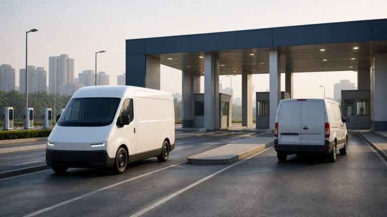Cleaner and conventional light goods vehicles at a registration inspection facility in Delhi-NCR