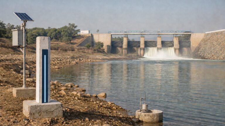 River gauge and reservoir gates representing monitored Cauvery water releases