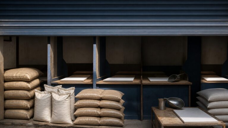 Agro-input supplies behind a partly lowered warehouse shutter representing coordinated output restriction