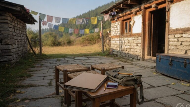 Closed household register and enumerator satchel on a wooden stool in a Himalayan courtyard, with no people and no readable form text