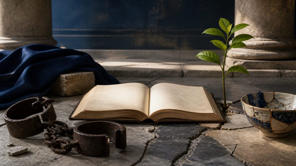 Archival ledger, broken shackles, repaired ceramic and a sapling symbolising reparatory justice