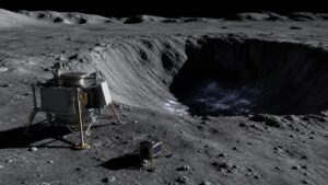 Robotic lunar mission hardware overlooking a permanently shadowed crater near the Moon's south pole