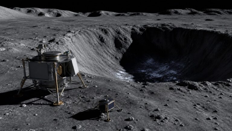 Robotic lunar mission hardware overlooking a permanently shadowed crater near the Moon's south pole