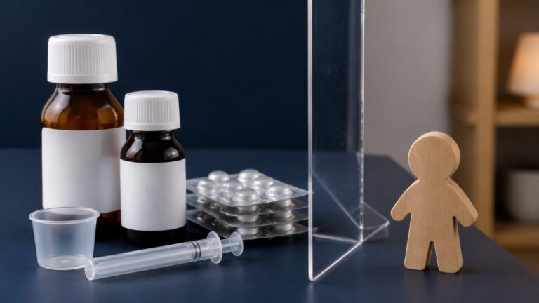 Pediatric medicine bottles and dosing tools separated from a child-shaped figure by a protective barrier