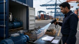 Customs inspection of industrial components inside a freight container at a port