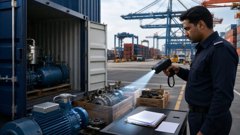 Customs inspection of industrial components inside a freight container at a port