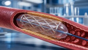 Drug-eluting coronary stent expanded inside a narrowed coronary artery in a biomedical laboratory concept
