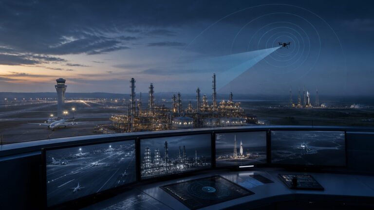Counter-drone monitoring protecting airport, energy and space infrastructure