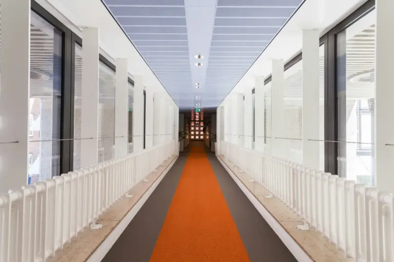 A long administrative office corridor