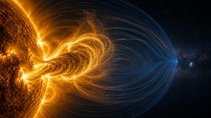 Solar coronal mass ejection pushing through curved magnetic field lines in space