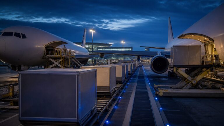 Secured air cargo containers transferring between domestic and international aircraft at an airport hub