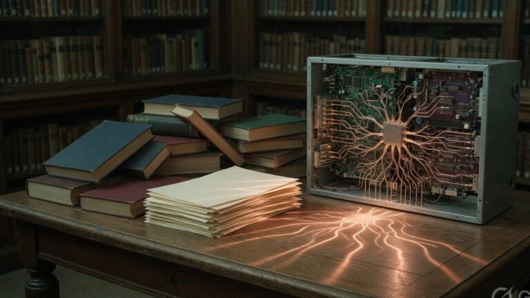 Cloth-bound books and unmarked newspaper galleys facing an open neural-network chassis on a law-library table