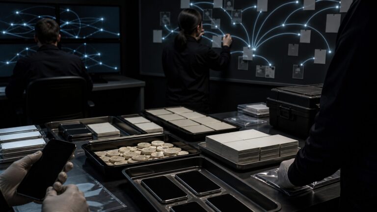 Investigators tracing money from a digital-arrest scam through mule accounts and currency channels