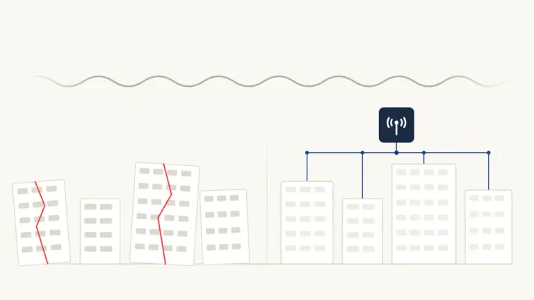One continuous hazard wave reaching two settlements of identical dimensions: an unreinforced row that cracks and leans, and the same row upright and wired to an early warning tower