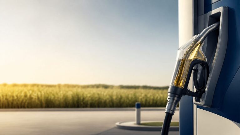 Editorial illustration of ethanol-blended petrol and agricultural feedstocks for India's fuel transition
