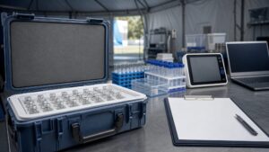 Vaccine cold-chain case beside laboratory samples and clinical trial materials