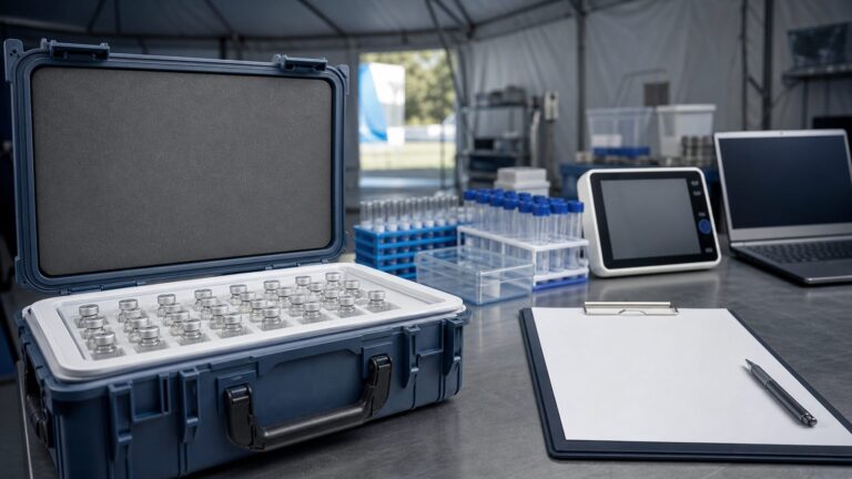 Vaccine cold-chain case beside laboratory samples and clinical trial materials