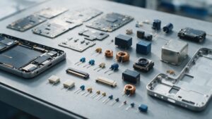 Overhead view of loose electronic components including circuit boards, capacitors, coils, relays, connectors and a metal enclosure laid out beside a partially assembled phone chassis