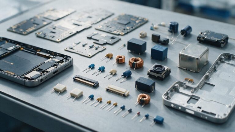 Overhead view of loose electronic components including circuit boards, capacitors, coils, relays, connectors and a metal enclosure laid out beside a partially assembled phone chassis