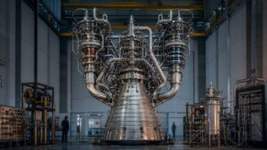 Integrated methalox rocket engine with twin turbopump plumbing inside a propulsion assembly facility