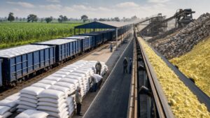 Fertiliser sacks and raw-material supply lines serving an Indian crop field